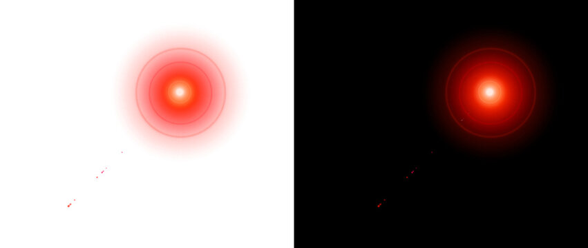 Red glowing lens flare with circular rings and subtle bokeh dots on transparent and black backgrounds for dramatic lighting and visual effect