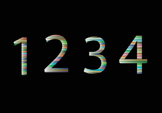Colorful Numbers 1234 Design. A vibrant and playful illustration featuring the numbers 1, 2, 3, and 4 in a rainbow of colors, perfect for educational or celebratory designs, eps 10.
