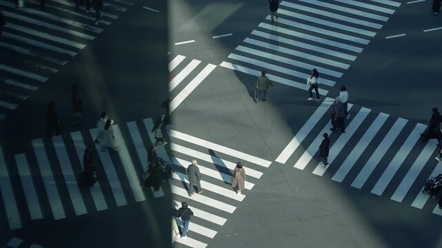 Tokyo pedestrians walking across a zebra crossing near building glass reflections.