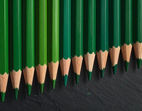 A row of green pencils with wood casings on a dark surface