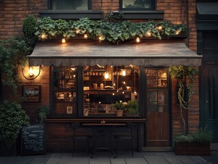 Evening Ambiance, Cozy Cafe, Urban Street, Photo, Outdoor, Eye-Level, Hospitality Warmth for Relaxing Social Gatherings and Inviting Atmosphere
