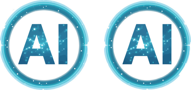 AI logos with futuristic glowing blue circular frames and speckled texture