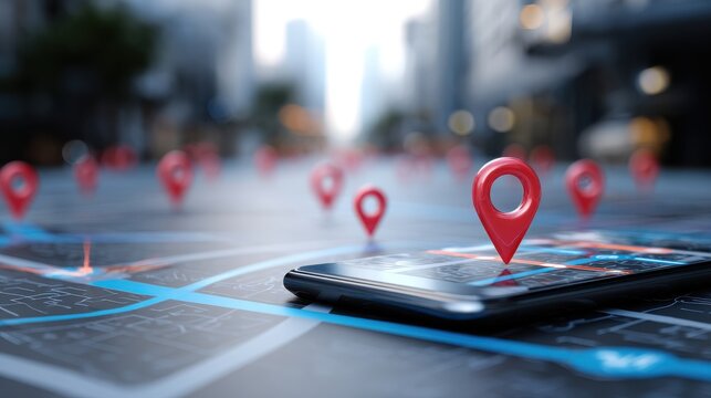 Red Map Pin Location Markers on Smartphone Screen Showing City Map Navigation with Blurred Cityscape Background