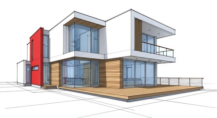Fototapeta premium Detailed Architectural Render of Modern House with Red Accent Wall