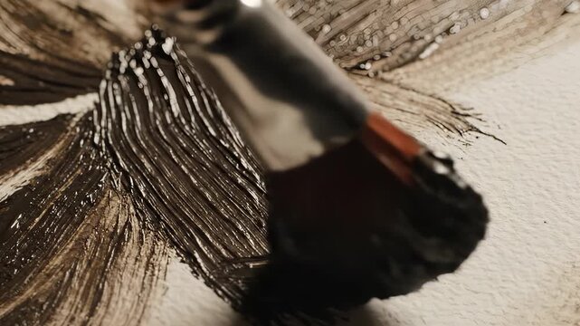 Close-up of a paintbrush applying dark paint to a canvas surface.