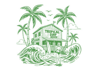 Obraz premium Tropical Surf House artwork. Vintage beach vector graphic. Coastal vibes design for t shirt print, poster, sticker, background. Ocean wave design.