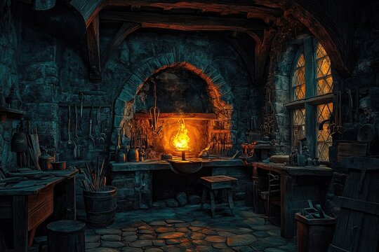 Forging Blacksmith Workshop, Craftsman, Medieval Village, Photo, Rustic Interior, Wide Angle, Ancient Craftsmanship and Artisan Skills Depicted in Glowing Forge