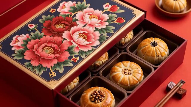 Traditional Chinese pastries in peony pattern gift box