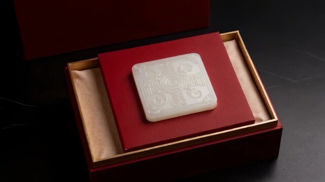 Exquisite carved white jade plaque in red New Year gift box