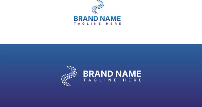 Abstract DNA helix logo representing science and technology with placeholder text for brand name and tagline on a blue gradient background