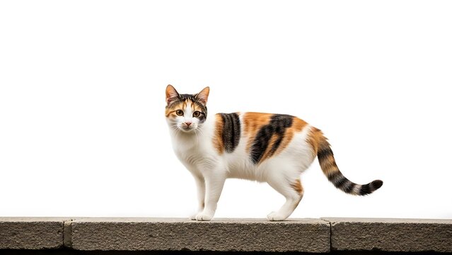 Cute Calico Cat Standing on Brick Wall Isolated on White