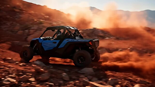 Powerful blue utility task vehicle kicks up massive plumes of orange dust while aggressively traversing rugged, sunlit desert mountain trails at high speed.