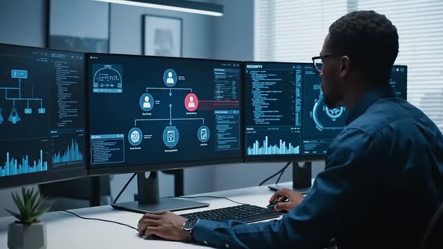 Professional IT specialist intently monitors and analyzes complex data on multiple screens, managing cybersecurity protocols and system infrastructure in a modern control center