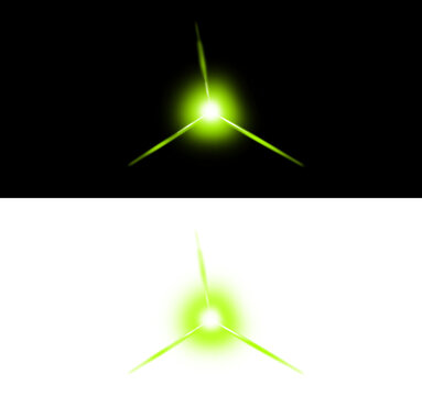 Bright green star lens flare effect with three sharp rays isolated on black and transparent background for digital composition and graphics