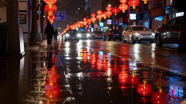 Urban street view with red lanterns after rain during Chinese New Year