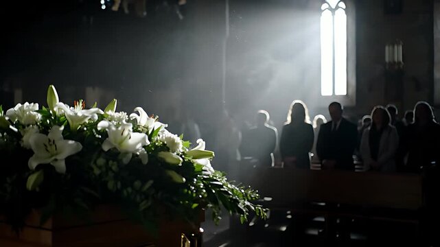 Somber funeral service inside a dimly lit church features prominent white lilies atop a casket surrounded by mourners bathed in ethereal light.
