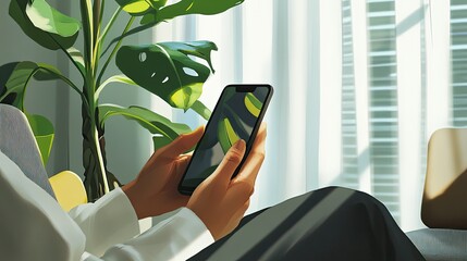 Relaxed Action Using Smartphone, Person in Modern Living Room, Photo, Indoor, Close-Up, Digital Interaction Concept for Effective Mobile Device Usage