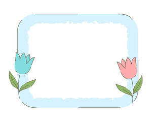 hand drawn empty border frame with pink and blue tulips flower design