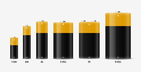 set of realistic alkaline batteries in different power storage
