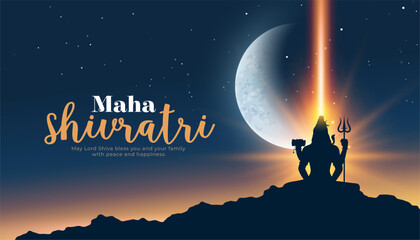 maha shivratri greeting background with shiva silhouette on mountain under starry sky