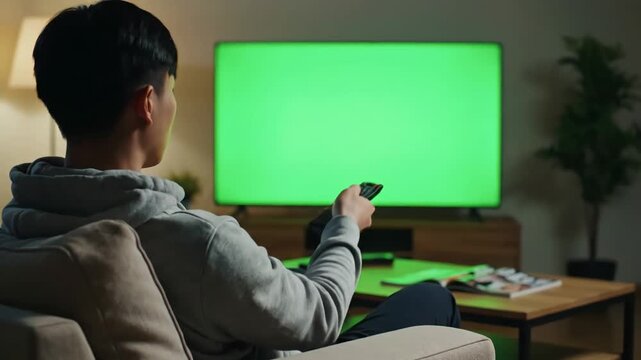 Green Screen man watching television in living room evening young guy sitting on sofa against tv with chroma back view male person switching channels using remote controller scene 1 distortion