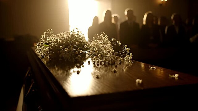 Somber close-up view of delicate baby's breath flowers resting atop a polished wooden casket during a dimly lit funeral service with attendees standing near the light.