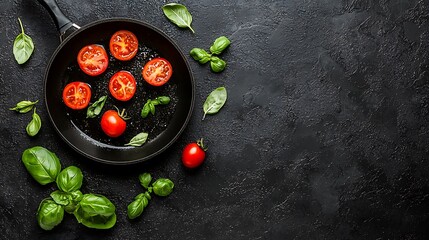 Fresh tomatoes and basil in skillet