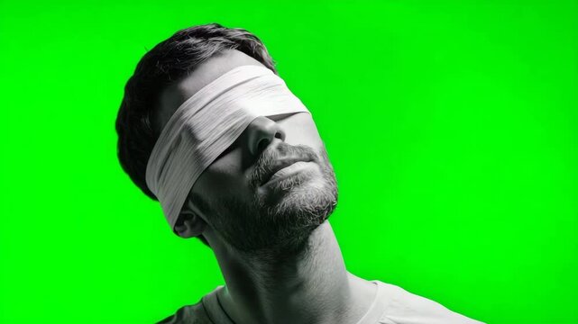 Man with bandage covering eyes on green background looking up