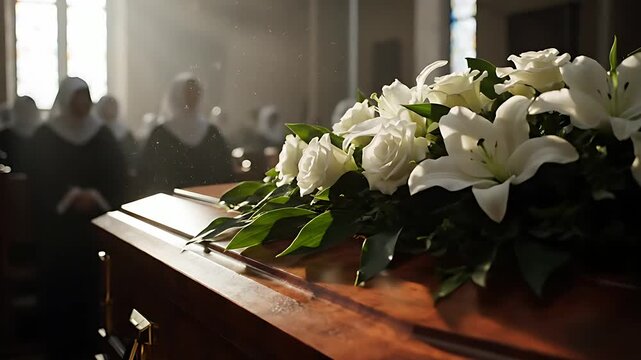 A solemn wooden casket adorned with beautiful white roses and lilies rests within a dimly lit church during a religious funeral service attended by mourners.