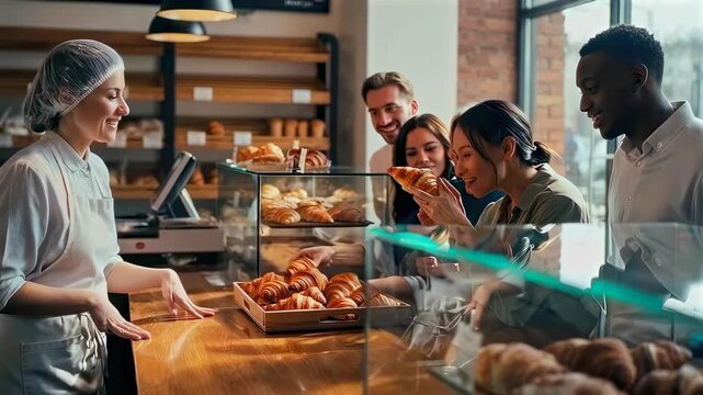 Bakery serving pastries - Artisan bakery offering croissants and morning treats - Colorful bakery displays delicious baked items as cheerful customers indulge in morning delights