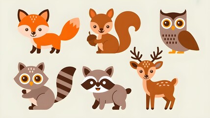 Fototapeta premium Cute forest animals vector set, flat cartoon style.