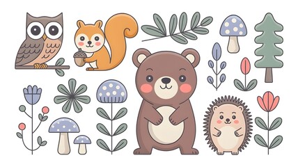 Obraz premium Cute forest animals and plants set, flat cartoon vector illustration.