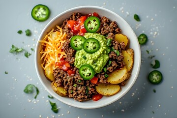 potato taco bowl with ground beef, cheese, guacamole, jalapenos and salsa