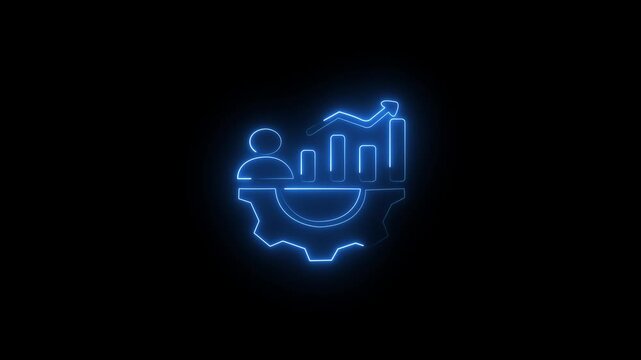 Glowing blue neon user performance graph and gear icon animation. Business analytics. Process management. Growth strategy. 4K development workflow video.