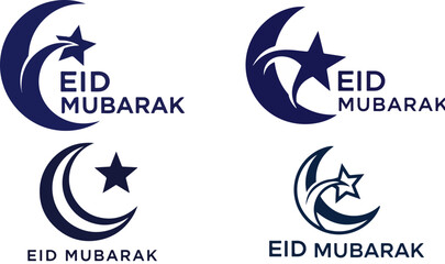 Fototapeta premium Collection of four distinct dark blue and white graphic logo designs incorporating crescent moons and stars for the Islamic celebration of Eid Mubarak.