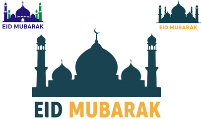 Collection of beautiful stylized mosque silhouettes prominently featuring the celebratory greeting eid mubarak for religious holiday design concepts