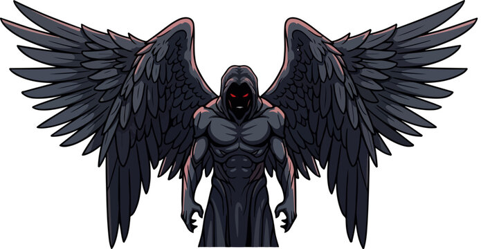 Dark winged menacing figure with glowing red eyes wearing a hooded cloak stands ominously against a black background symbolizing dread and supernatural power.