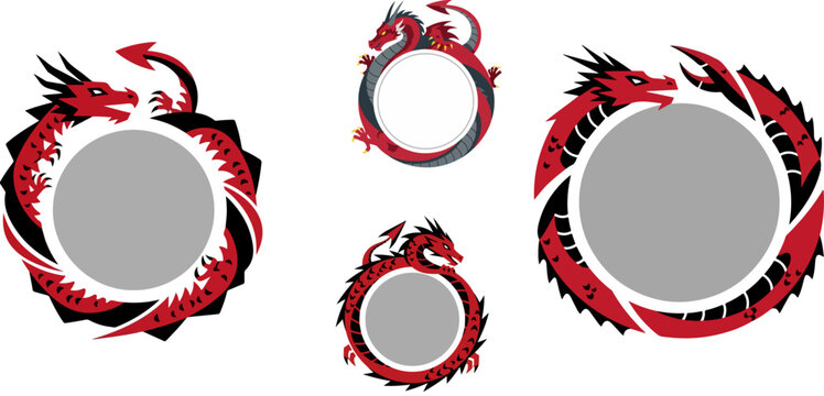 Four stylized mythological ouroboros designs featuring coiled red dragons encircling blank circular frames against a dark background for graphic use