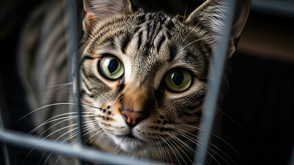 Curious cat peering through bars