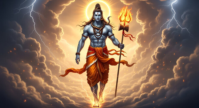Shiva divine cosmic form during Maha shivratri with trishul fire halo storm clouds and spiritual energy representing Hindu faith devotion culture meditation power and sacred tradition