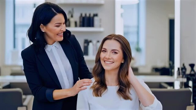 asian stylist with white client smiling in modern salon during hair consultation and styling - brunette client receives blowout and trim - warm lighting - mirrors and styling tools visible -