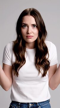 Confused young woman shrugging in casual outfit against gray background