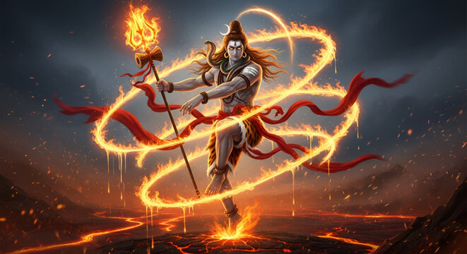 Maha shivratri divine shiva tandava dance with fire energy cosmic power spiritual devotion hindu festival art for meditation worship posters branding and digital campaigns
