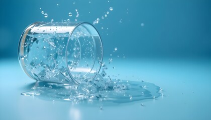 Water spilled from a glass, water droplets on a bright blue background, and copy space