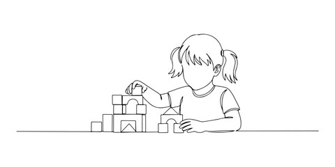 Continuous one line of a child building with wooden blocks, representing creative problem-solving in homeschooling, drawn vector illustration.
