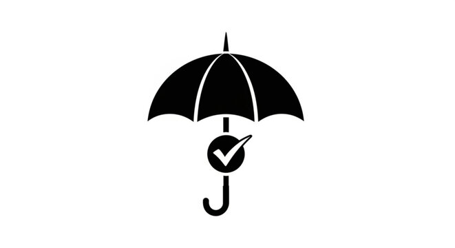 Verified protection concept black umbrella icon with a prominent checkmark, symbolizing comprehensive safety, assured security, and reliable service guarantee