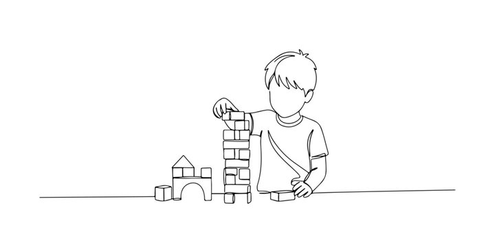 Continuous one line of a child building with wooden blocks, representing creative problem-solving in homeschooling, drawn vector illustration.