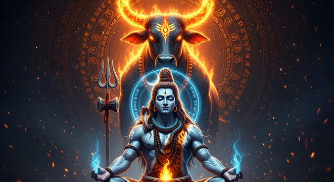 Maha shivratri shiva meditation with nandi fire energy power devotion hindu spirituality mythology divine culture sacred art