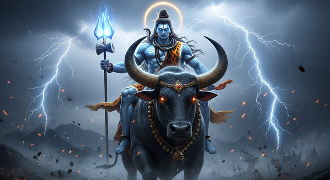 Maha shivratri shiva riding nandi storm lightning power devotion hindu god mythology divine energy sacred culture spiritual festival art