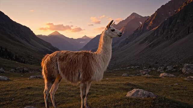 A majestic llama-like creature stands gracefully in a vast mountain valley, bathed in the warm glow of a breathtaking sunset, highlighting the rugged peaks and serene wilderness